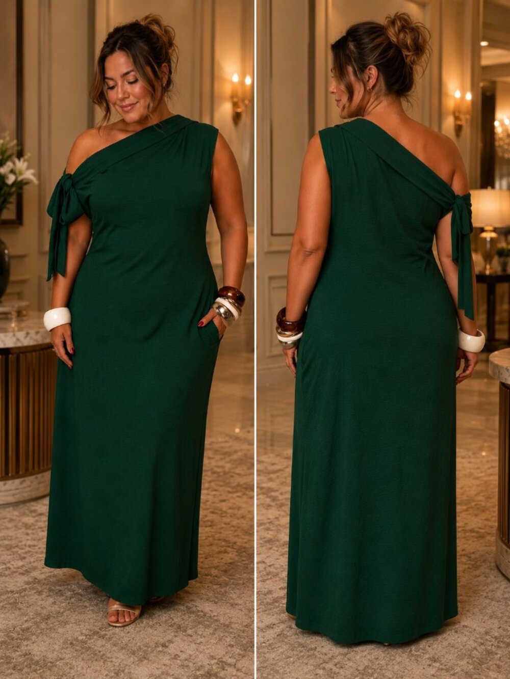 One-Shoulder Emerald Green Women's Maxi Dress